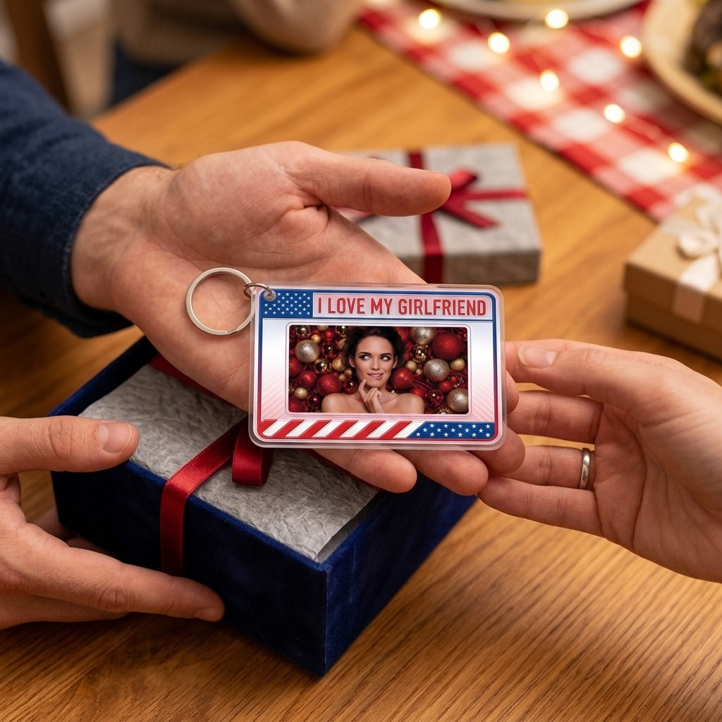 Personalized I Love My Girlfriend Keychain USA Flag Style Photo Acrylic Keychain Anniversary Valentine's Gift Keychain for Him