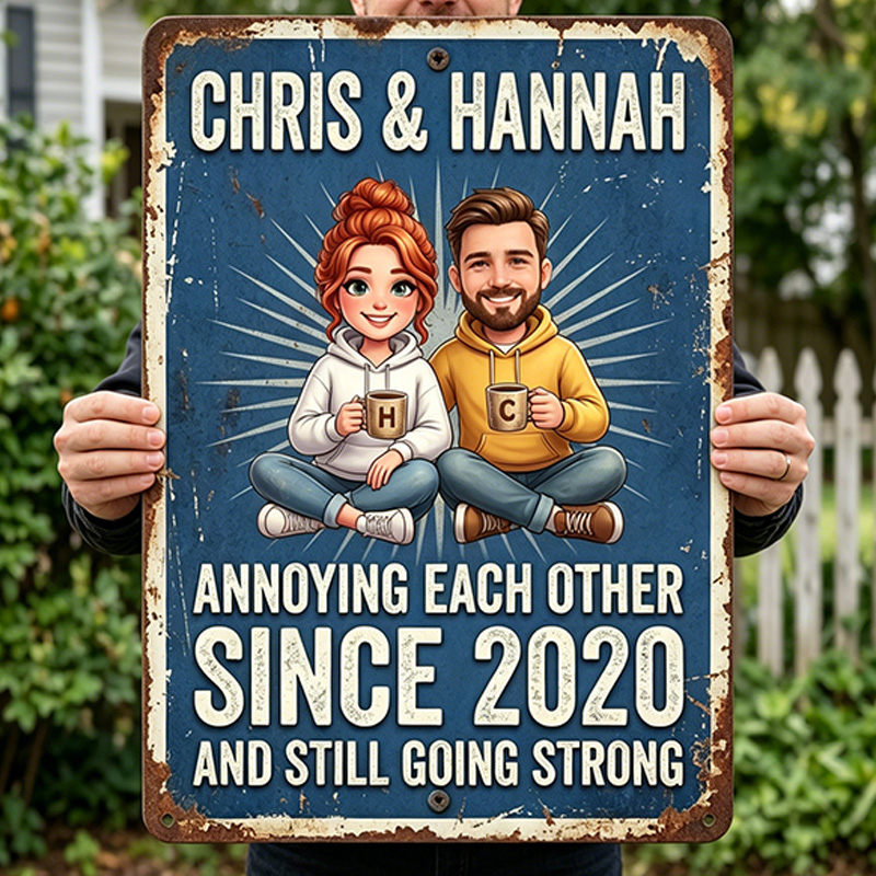 Personalized Cartoon Couple Photo Metal Sign Annoying Each Other for Many Years Couple Backyard Sign with Name Personalized Custom Classic Metal Signs 