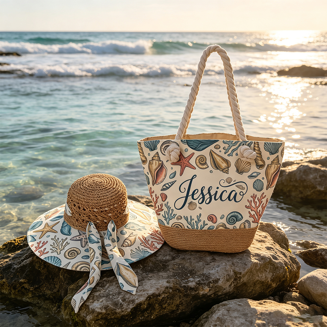 Personalized Seashell Beach Bag and Sun Hat Det Custom Name with Coral Seashell Pattern Gift for Her on Beach Vacation