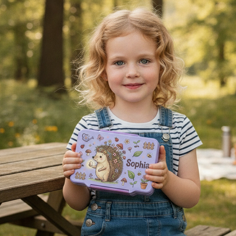 Personalized Hedgehog Name Kids Lunch Box Woodland Themed Cute Girls School Snack Container Design