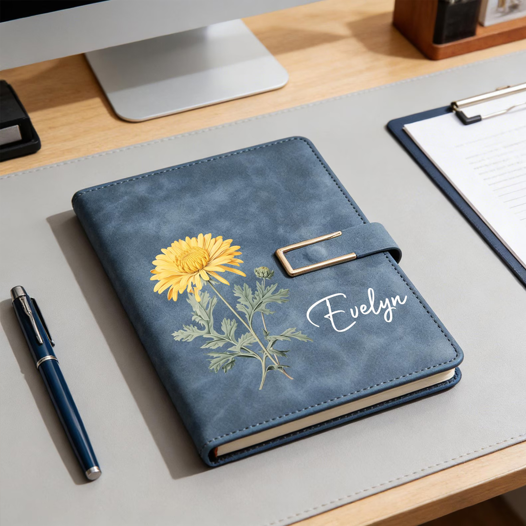 Personalized Birth Flower Notebook & Pen Set Custom Name Leather Journal Gift Birth Month Flower Journal for Women