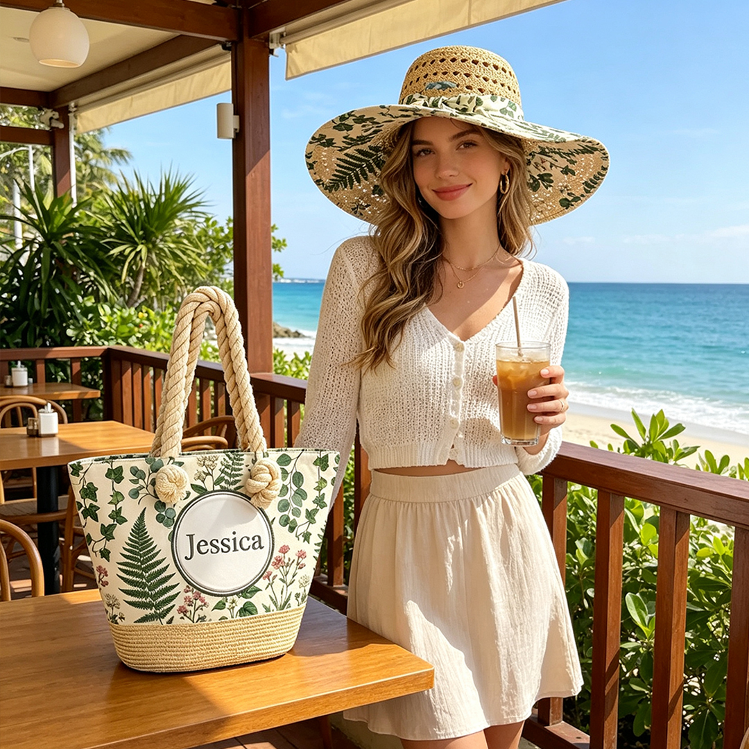 Personalized Name Beach Bag and Sun Hat Set with Fresh Botanical Fern Floral Print for a Beach Vacation