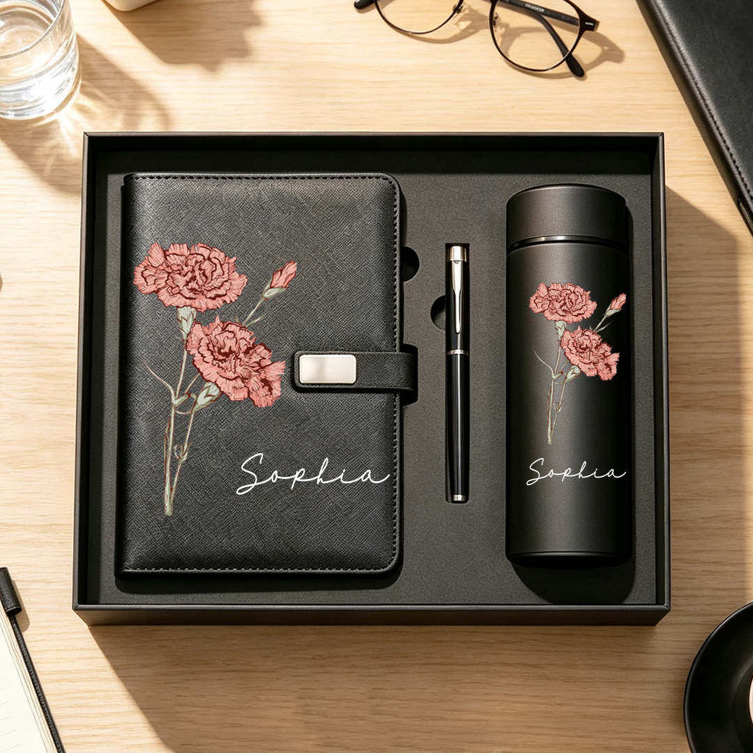 Personalized Birth Flower Notebook Pen and Cup Set Custom Name Birthday Gift for Her