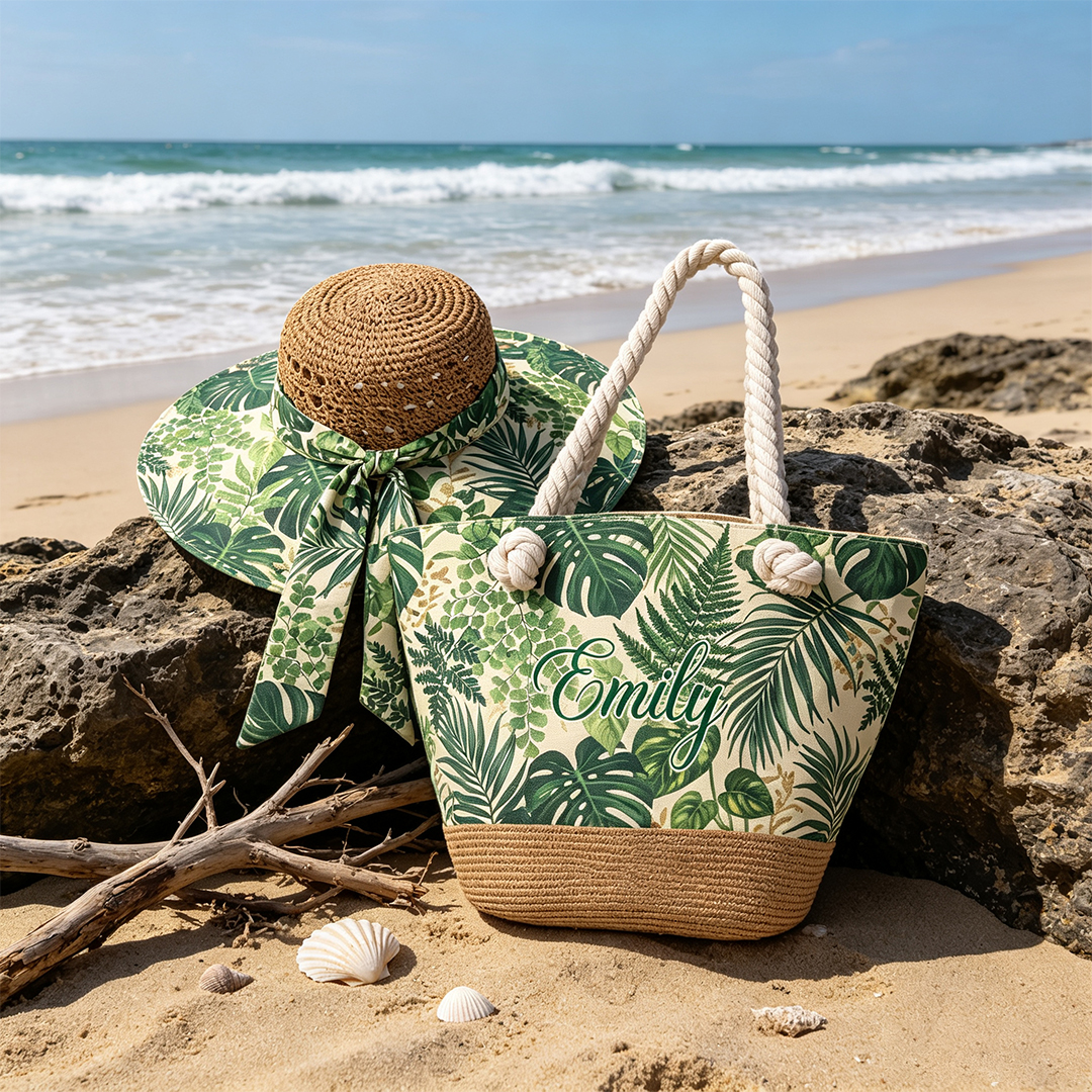 Personalized Tropical Beach Hat and Tote Bag Set Custom Name Sun Hat with Matching Canvas Beach Bag Gift for Vacation