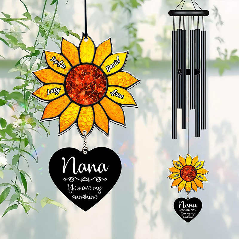 Personalized Nana Sunflower Wind Chime Custom Grandkids Names You are My Sunshine Suncatcher Nana Gift Mom Birthday Gift