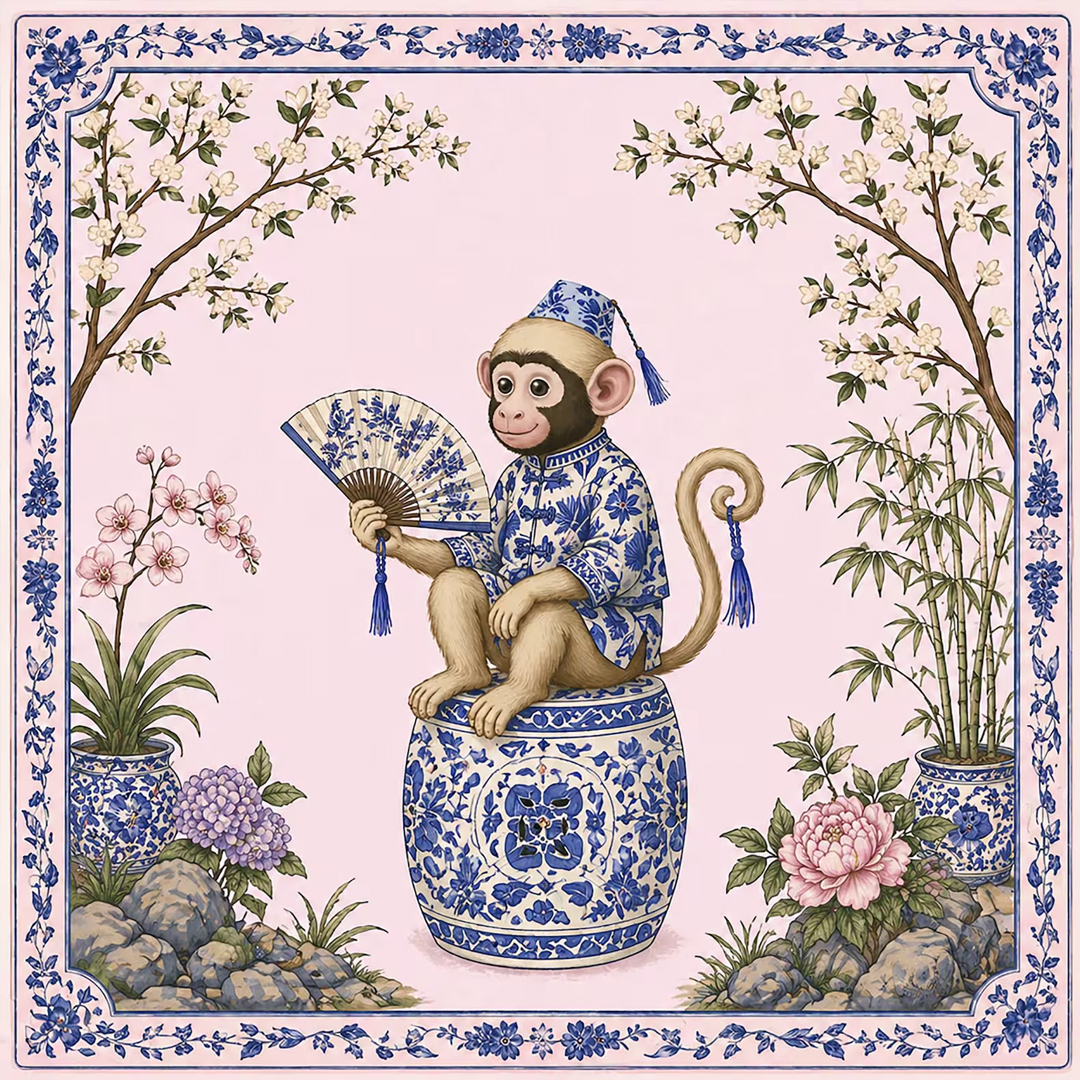 Monkey Mahjong Mat Blue and White Porcelain Print Mat Gift for Mahjong Lovers