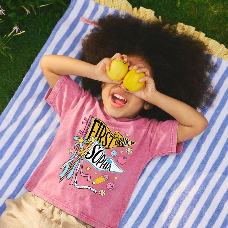 Personalized First Grade Pennant Name Back To School Cute Pastel Ribbons Stars Flowers Smiley Face Pencil Kid Washed T Shirt