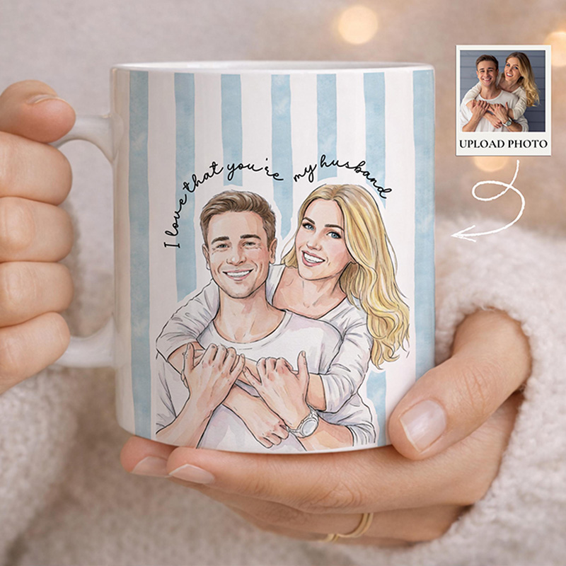 Personalized Watercolor Couple Photo Mug Stripe Custom Picture Coffee Cup Gift For Husband Wife Anniversary Valentine’s Day Gift for Her