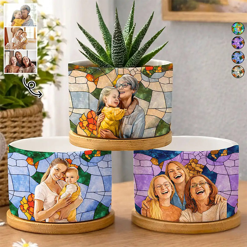 Personalized Photo Stained Glass Portrait Mom Grandma Parents Family Custom Ceramic Plant Pot