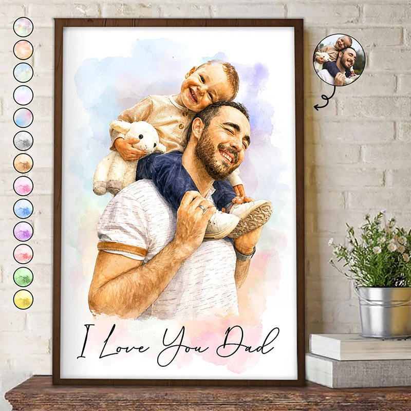 Personalized Photo Realistic Watercolor Art I Love You Dad Grandpa Custom Poster for Dad Grandpa Family Gift