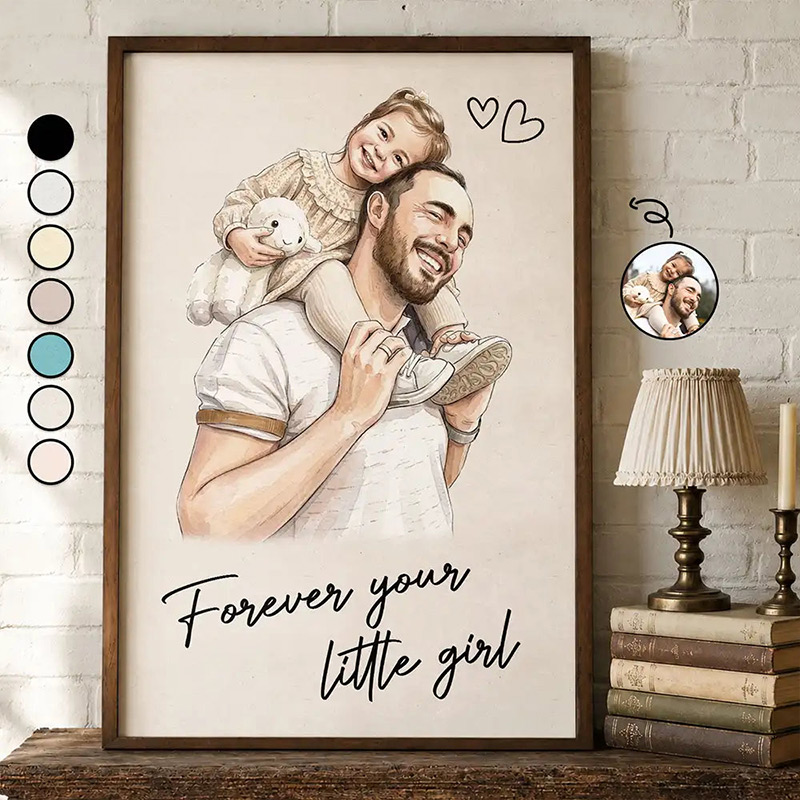 Personalized Photo Realistic Watercolor Art Forever Your Little Girl Custom Poster for Dad Grandpa Family Birthday Gift