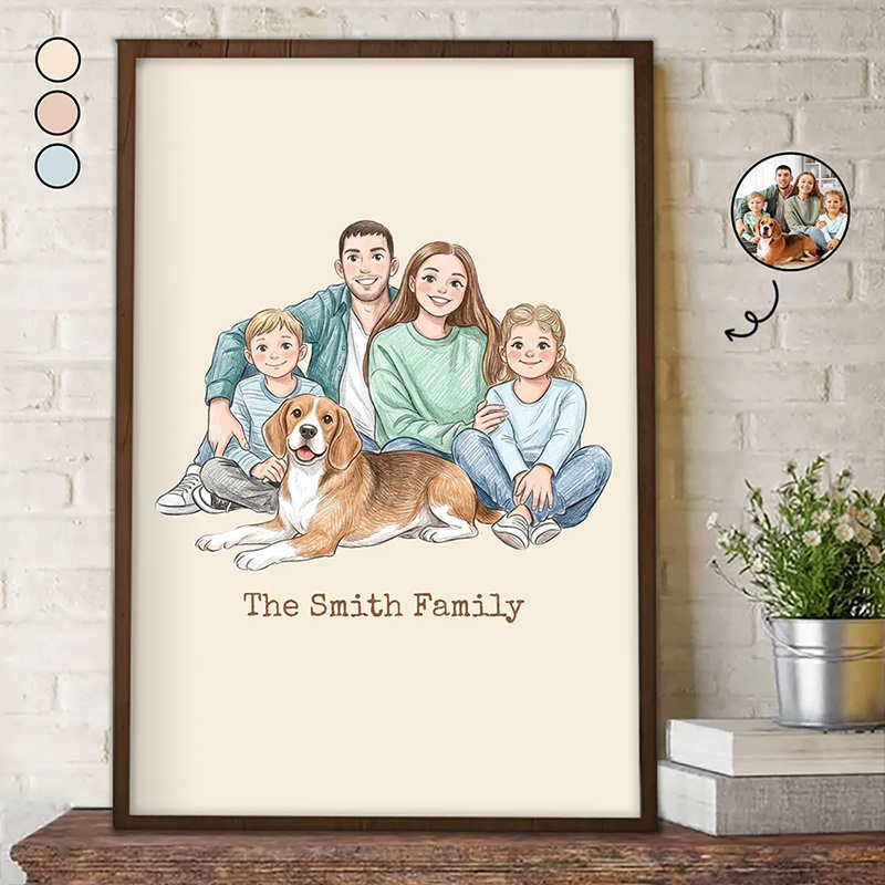 Personalized Photo Colored Pencil Sketch Happy Family Dad Mom Kid Pet Custom Poster for Family Mom Dad Birthday Gift