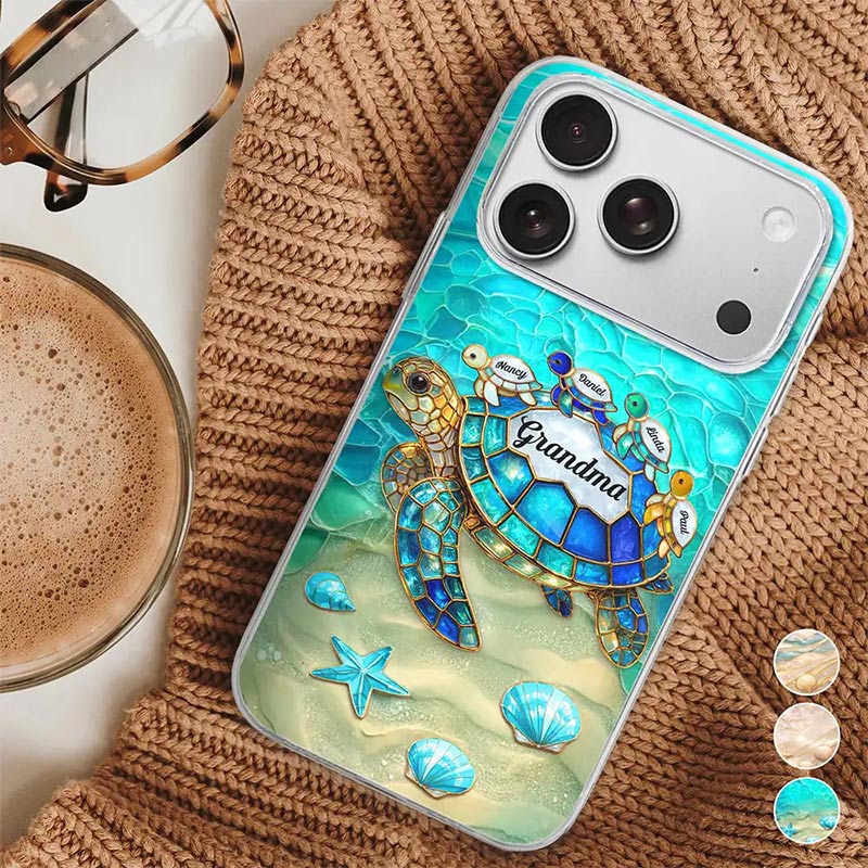 Personalized Turtle Stained Glass Mom Grandma Photo Case Custom Clear Phone Case with Kids Names Gift for Mom Grandma