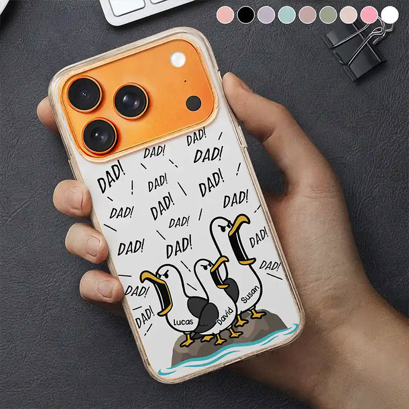 Personalized Funny Screaming Seagull Phone Case for Dad Custom Clear Phone Case with 1-10 Kids Names for Dad Birthday Gift 