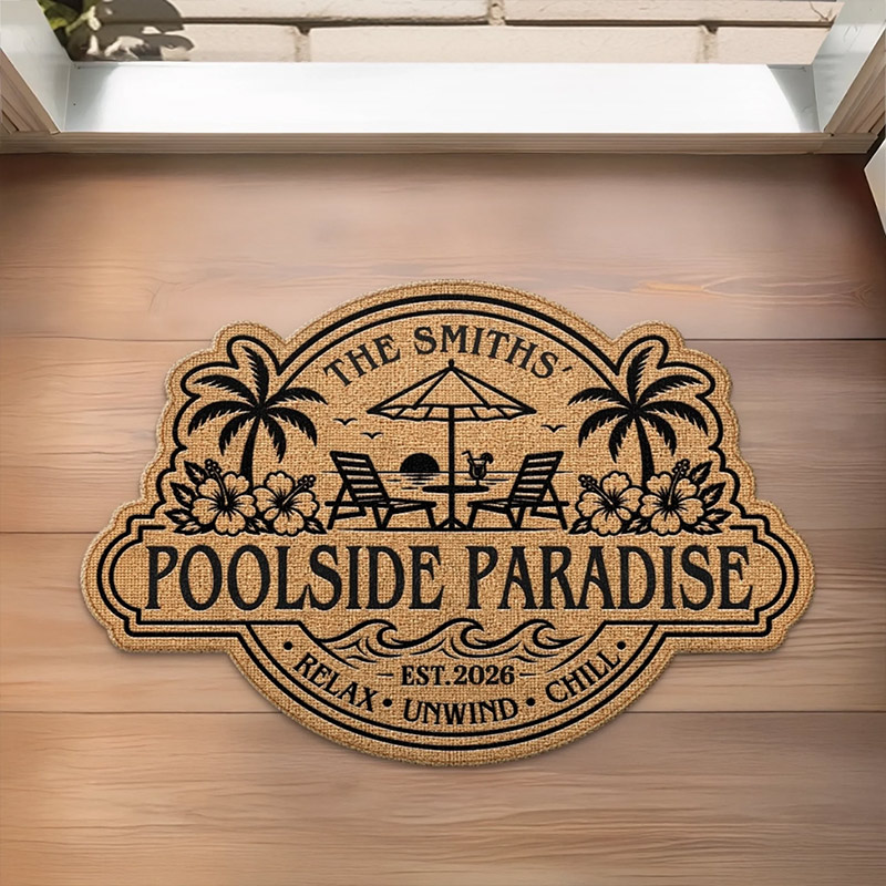 Personalized Poolside Shaped Doormat Cuatom Family Summer Vacation And Travel Gifts For Mom Dad Brother Sister Welcome To Our Happy Place