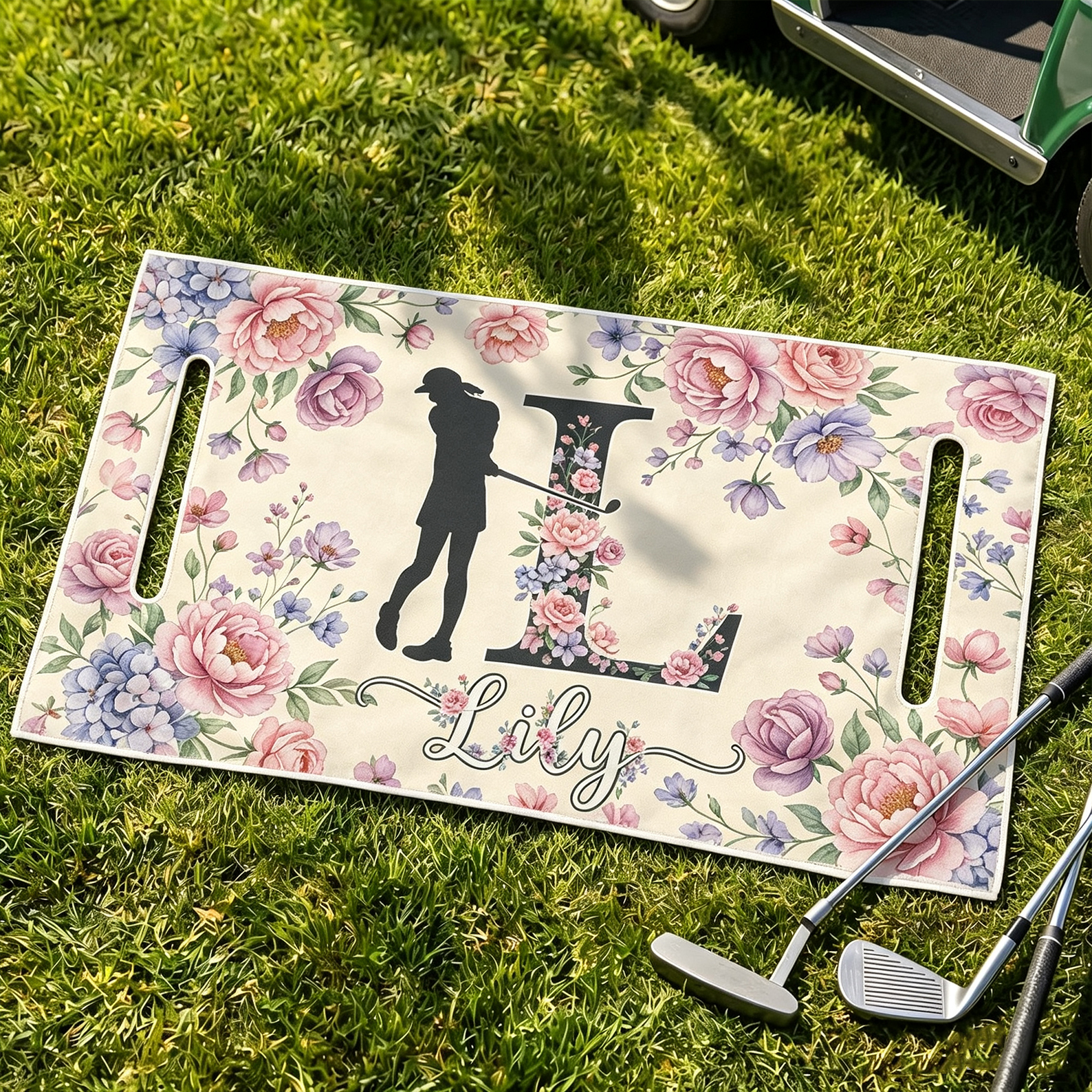 Personalized Floral Golf Cart Seat Cover Flower Letter with Custom Name Gift for Golf Lovers