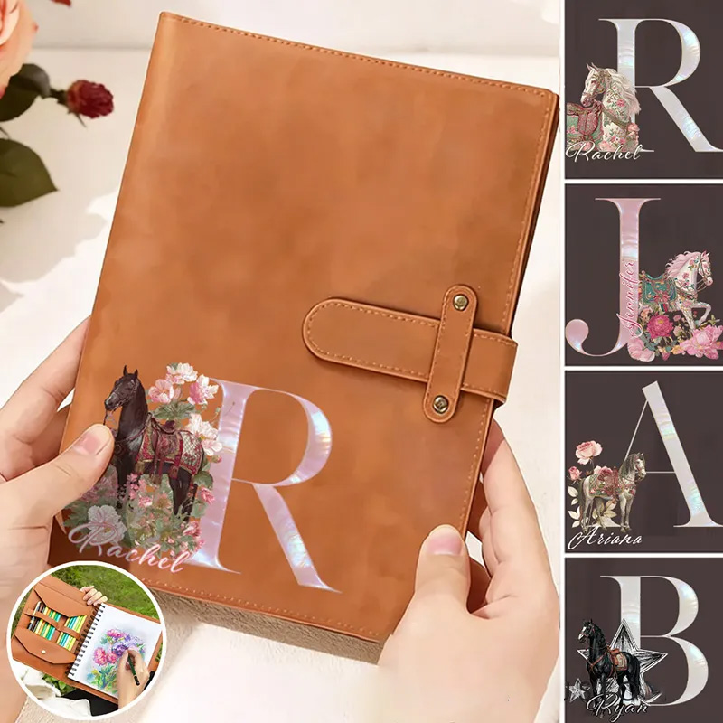 Personalized Horse Riding Initial Name PU Leather A5 Sketchbook Notebook Cover with Storage Pocket Birthday Gift for Horse Lovers Riding Lovers Equestrian Lovers
