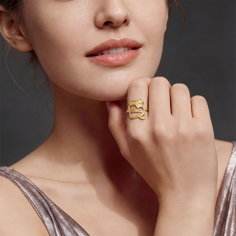 Personalized Cartoon Cat Holding Heart Sterling Silver Name Ring Custom Jewelry for Cat Lovers