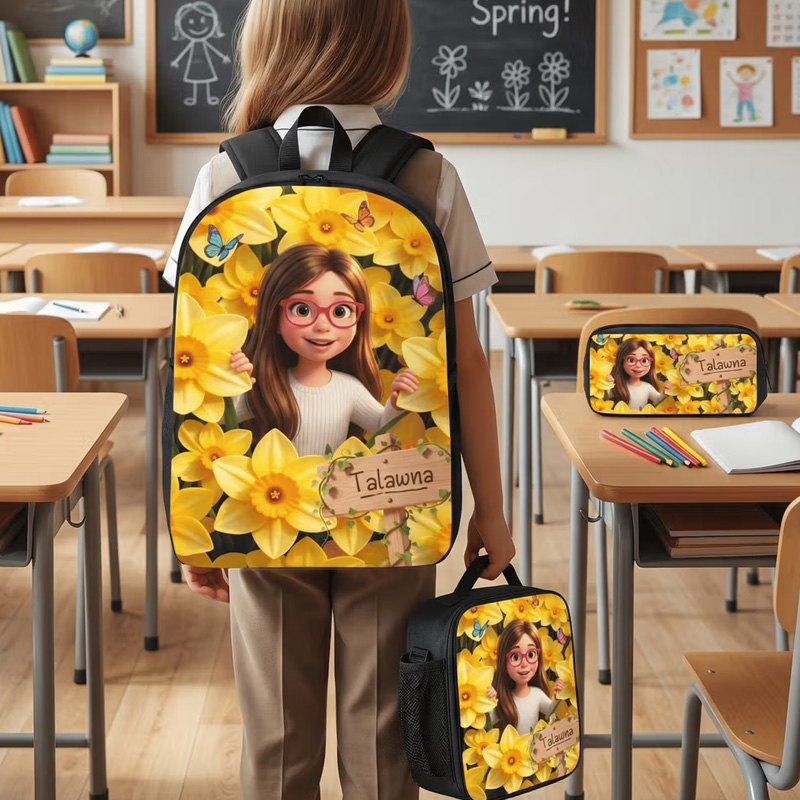 Personalized Birth Flower Photo Backpack Pencil Case Lunch Bag Set with Name Back To School Birthday Gift for Kids Boys Girls