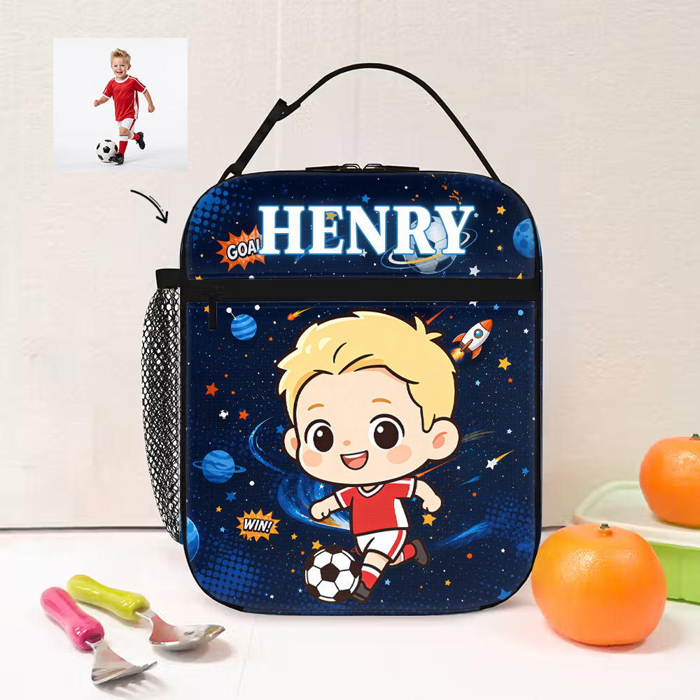 Personalized Soccer Theme 3D Cartoon Character Lunch Bag with Photo and Name Back to School Birthday Gift for Boys Girls
