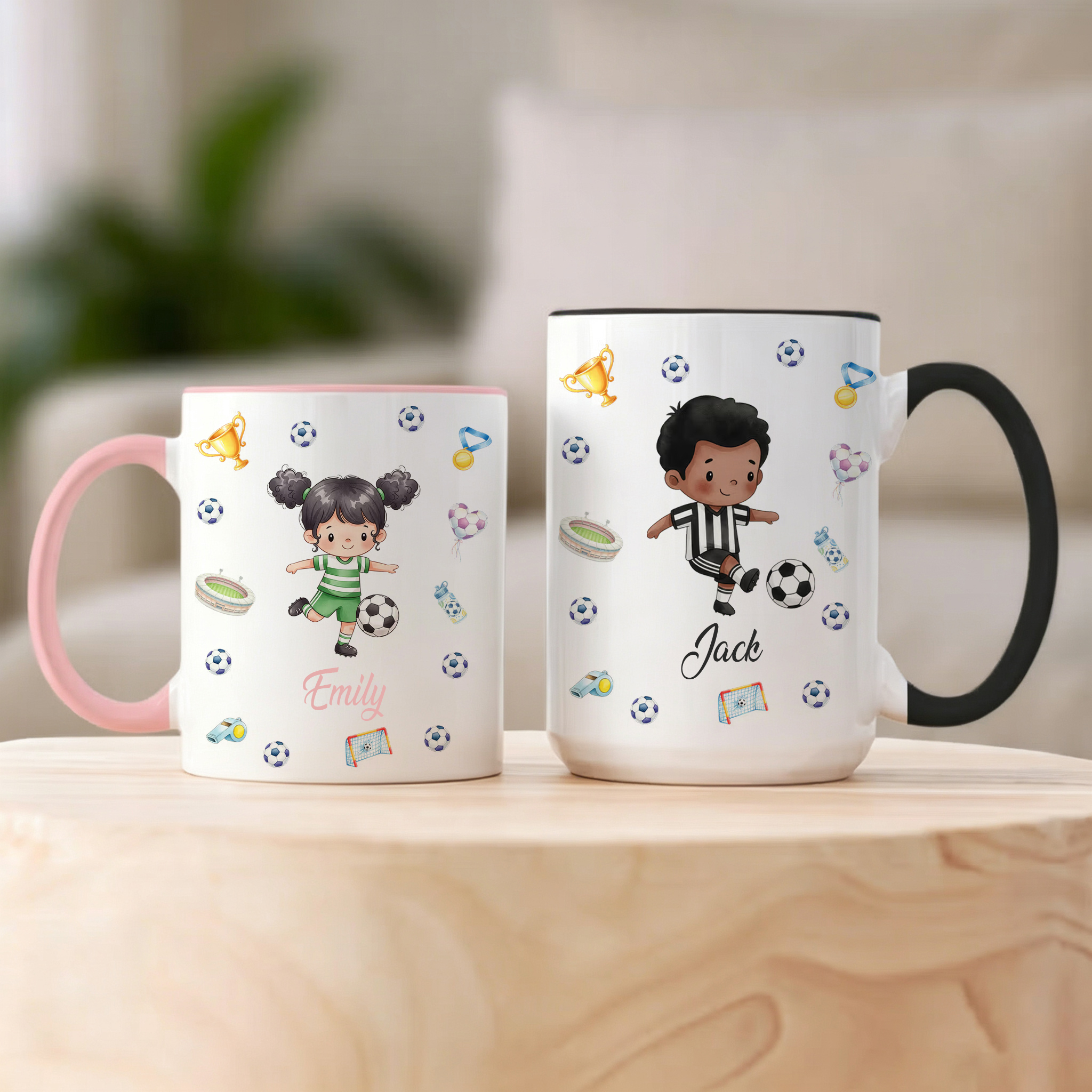 Personalized Cartoon Soccer Character 11 oz and 15oz Ceramic Mug with Name and Initial Back to School Birthday Gift for Kid Soccer Player