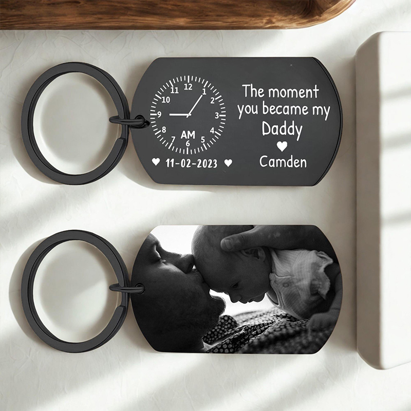 Personalised The Moment You Became My Daddy Photo Keyring Custom Dad Keychain with New Born Baby Photo Gift for New Daddy Mommy