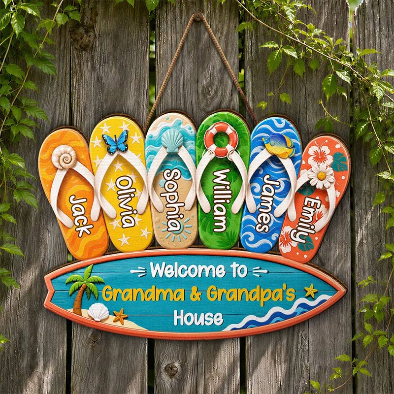 Personalized Welcome To Grandma Grandpa House Sign Custom Wood Sign with Kids Names 1-12 Gift for Grandparents Family Gift