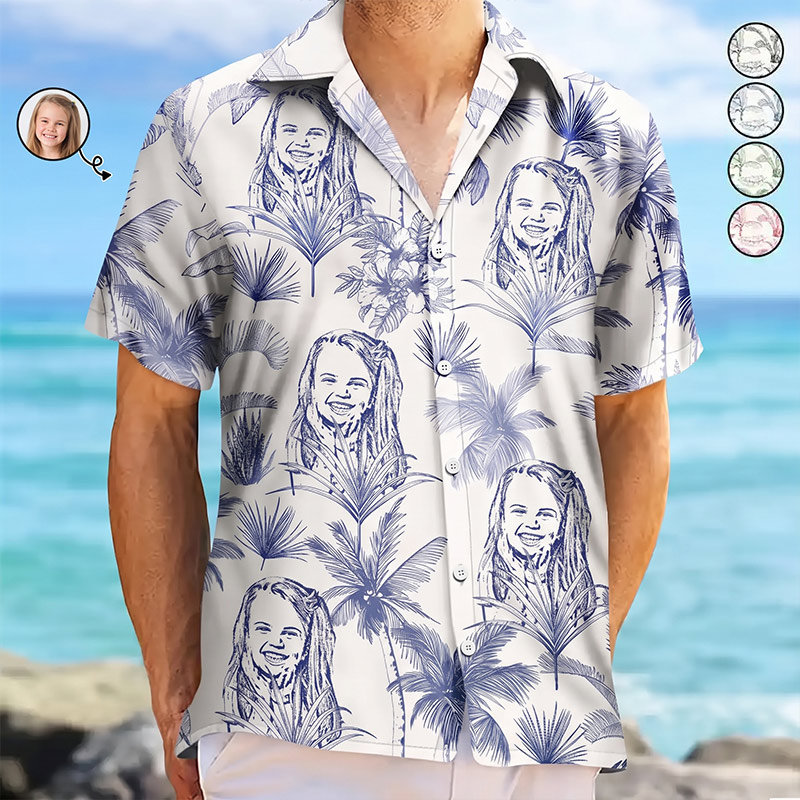 Personalized Photo Pencil Drawing Toile De Jouy Pattern Family Kids Pet Custom Hawaiian Shirt Family Gifts