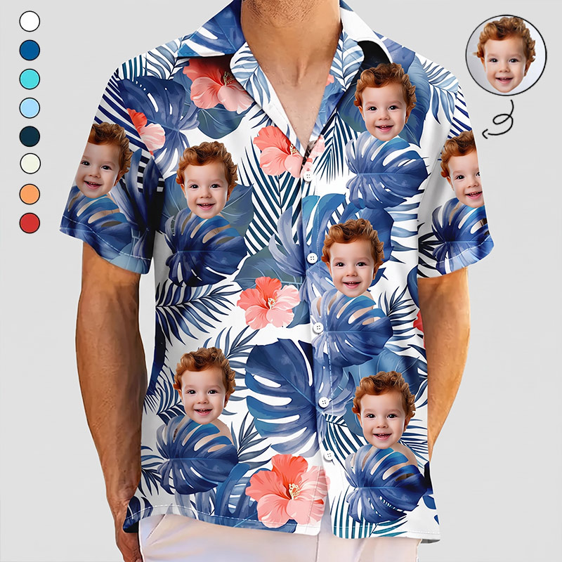 Personalized Photo Tropical Leaves Funny Family Kids Pet Face Custom Hawaiian Shirt with 1-6 Kids Photo Father Mother Summer Gifts