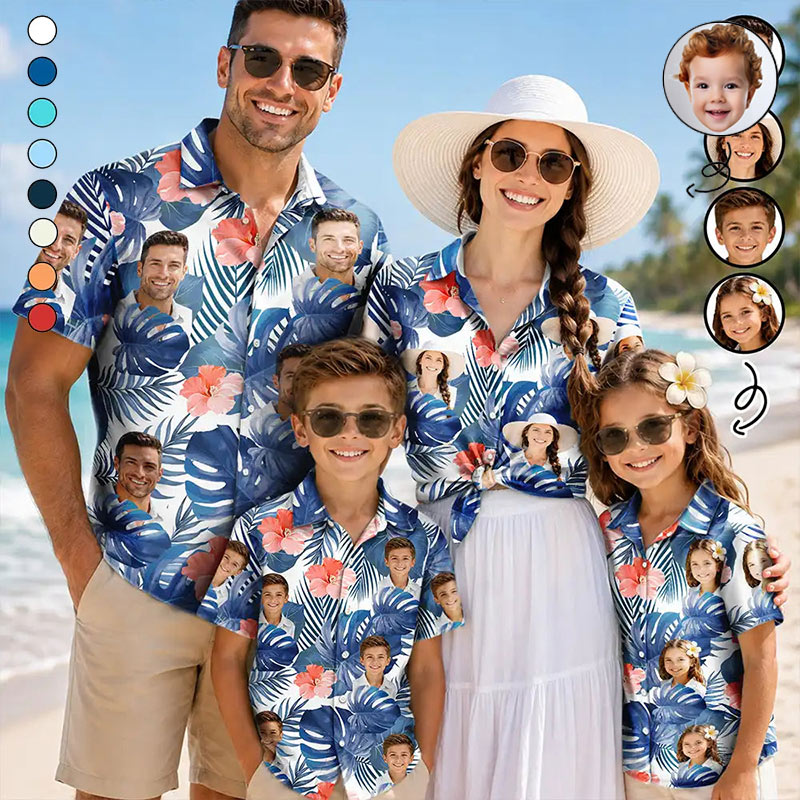Personalized Photo Tropical Leaves Funny Family Kids Pet Face Custom Hawaiian Shirt with 1-5 Kids Photo Father Mother Summer Gifts