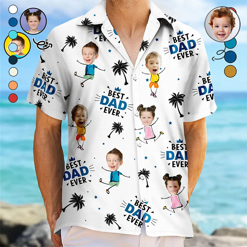 ]Personalized Photo Best Dad Ever Coconut Palm Custom Hawaiian Shirt with 1-10 Kids Photo Dad Gifts