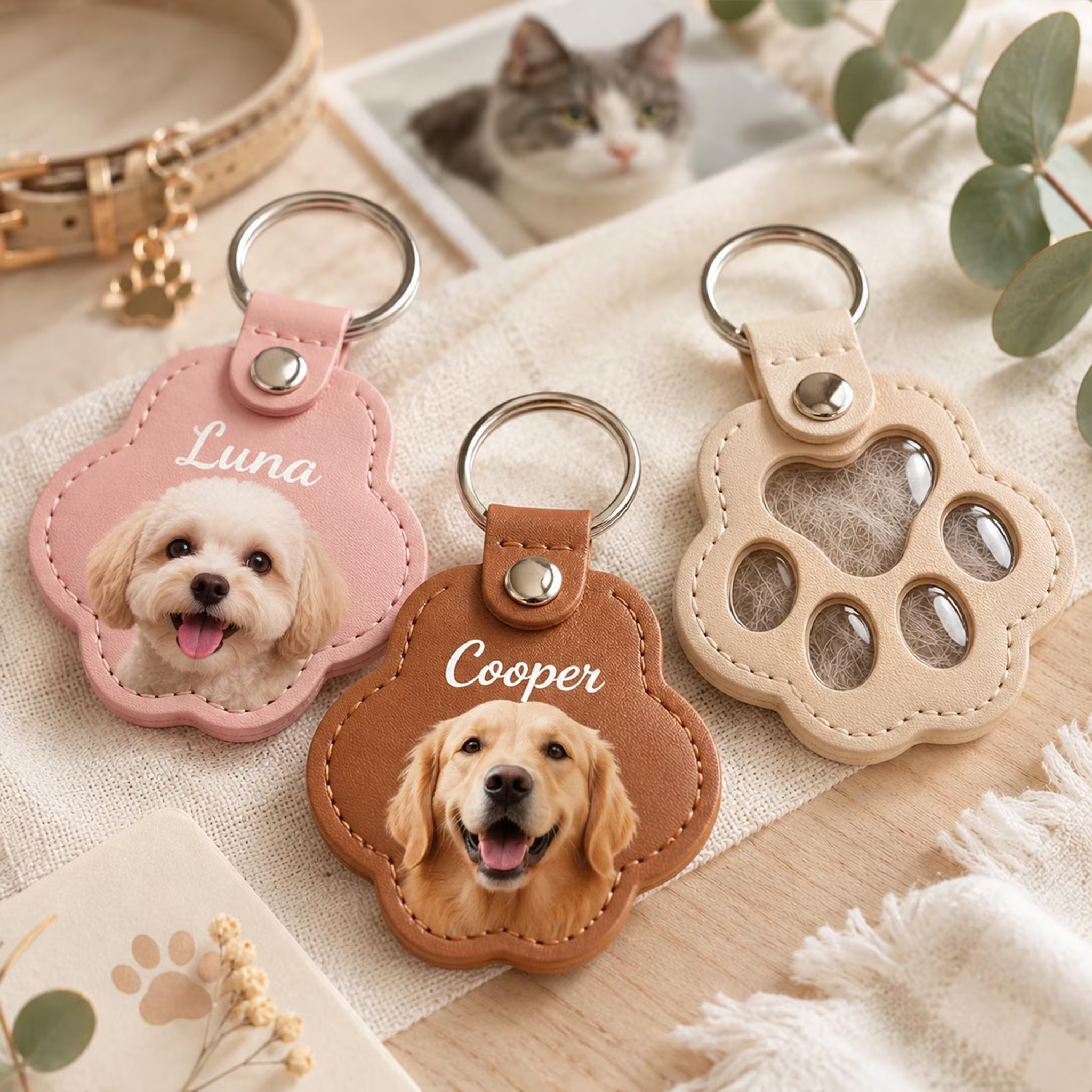 Personalized Pet Fur Keepsake Keychain Custom Dog Cat Memorial Keyring, Pet Hair Holder Paw Print Photo Charm Pet Loss Gift