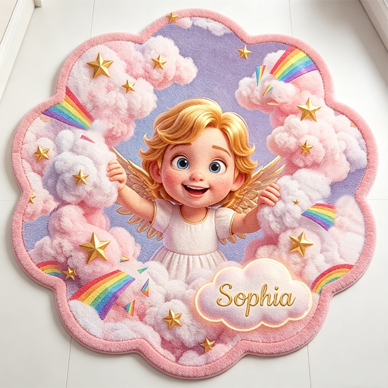 Personalized Angel Rainbow Kids Rug Themed Dreamy Cloud Fantasy Bedroom Decor Design Soft Custom Name Play Mat For Girls