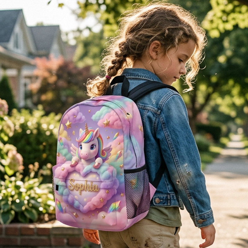 Personalized Rainbow Horse Kids Backpack Themed Magical Fantasy School Bag Design Custom Name and Kid Photo Cloud Pattern Travel Daypack