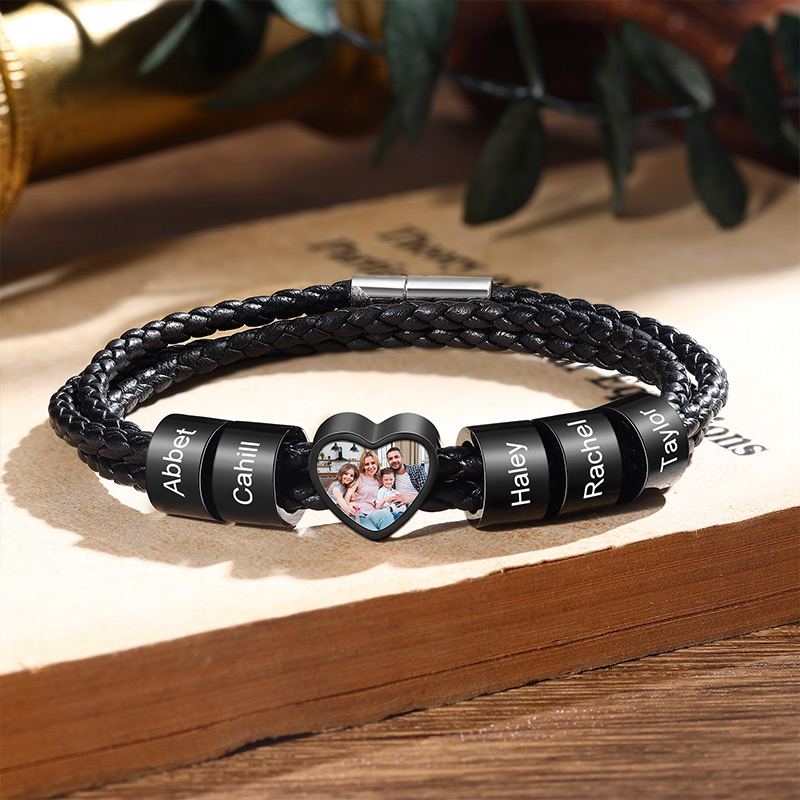 Personalized Leather Bracelet with Family Kids 5 Names and 1 Photo Men's Bracelet for Family