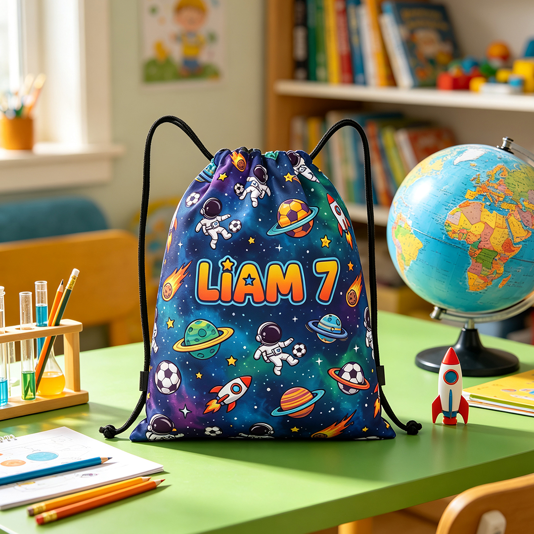 Personalized Kid's Astronaut Soccer Drawstring Backpack with Starry Sky and Space Design Custom with Name and Number Gift for Soccer Lovers
