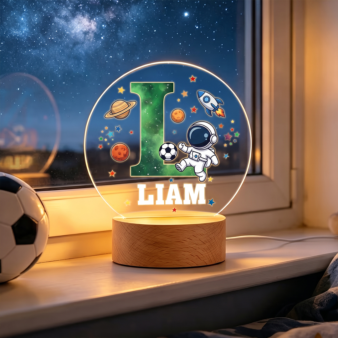Personalized Kid's Astronaut Night Light Starry Sky Space Soccer Ambience Ligh with Initials Cozy Bedside Lamp Birthday Gift