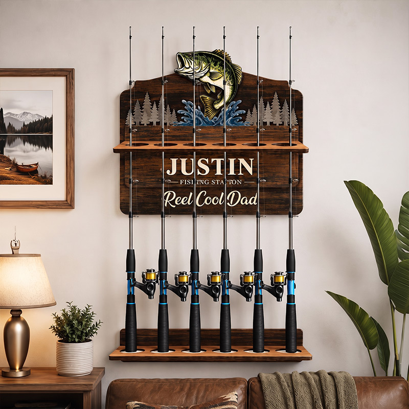 Personalized Reel Cool Dad Fishing Rod Holder Custom Angler Gift for Dad Wooden Fishing Pole Organizer Fisherman Wall Decor Bass Fishing Station Sign
