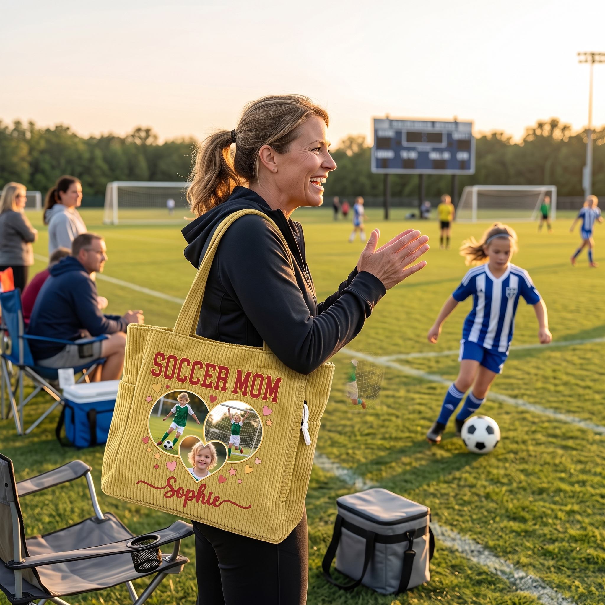 Personalized Corduroy Tote Bag Soccer Mom Handbag Custom with Photos and Name Large Capacity Title Daily Use Shopping Game Day Gift for Mom Grandma