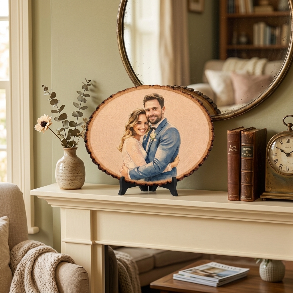 Personalized Photo Engraving Basswood Keepsake Custom Watercolor Photo Art on Wood Slice Engraved Log Slice Gift for Couple Photo Gift for Her Him