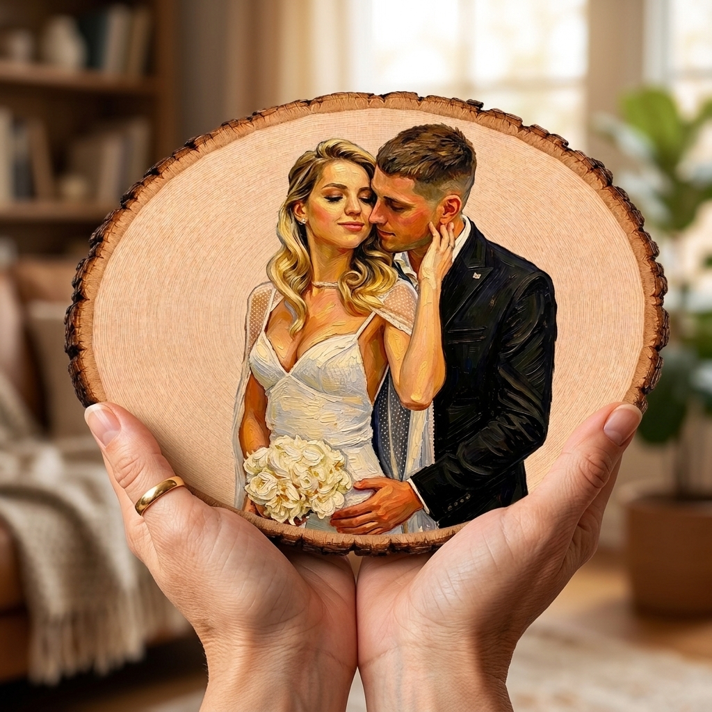 Personalized Painting Photo Engraving Basswood Keepsake Custom Photo Art on Wood Slice Engraved Log Slice Gift for Couple Photo Gift for Her Him