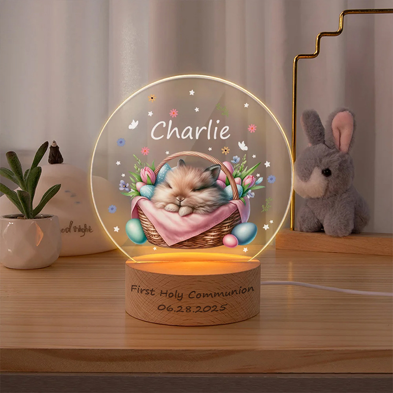 Personalized Cute Sleeping Bunny in a Basket LED Night Light with Wooden Base and Name Date Nursery Decor First Holy Communion Easter Gift for Kid