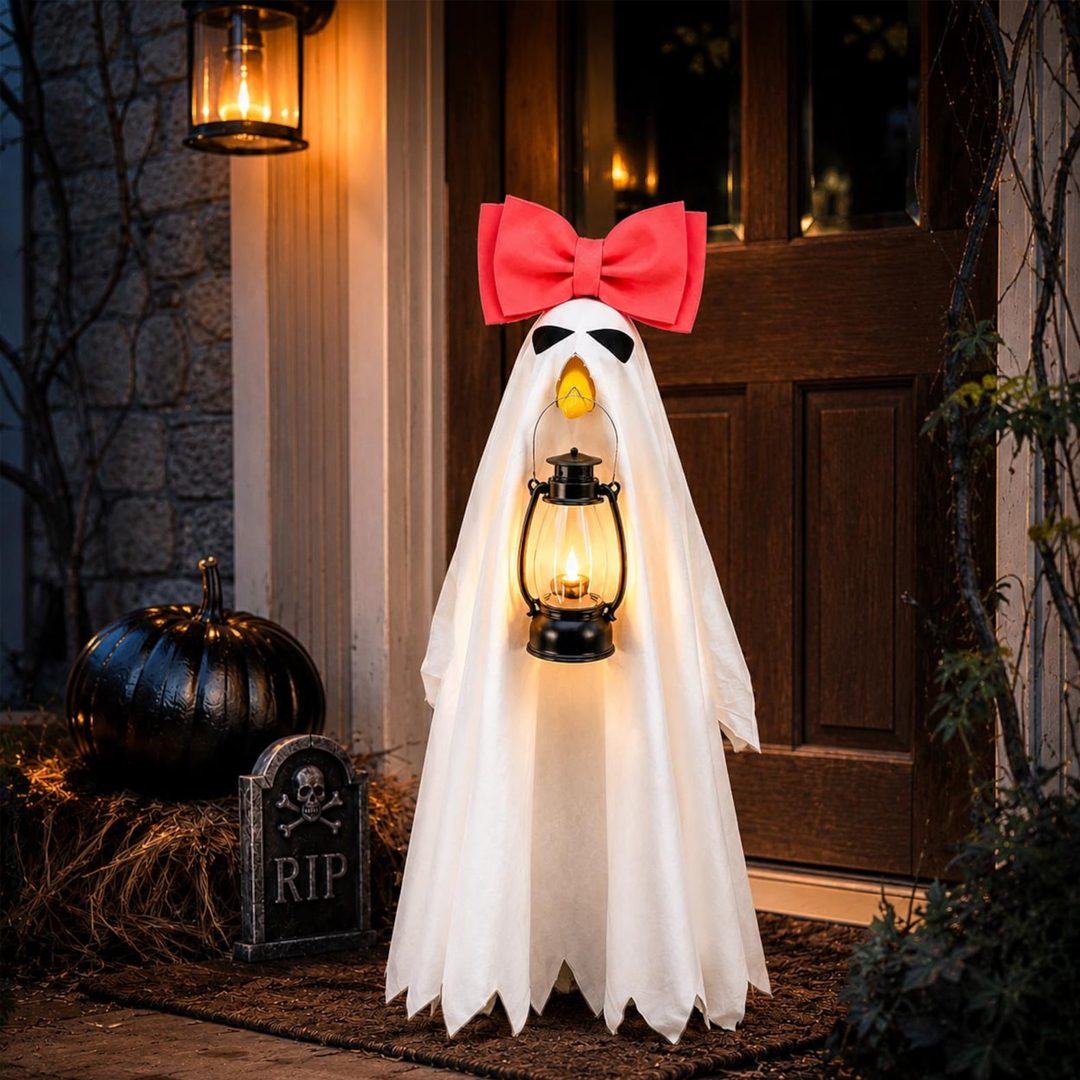 Porch Goose Halloween Costume for 23 Inch Goose White Ghost Cover with Pink Bow and LED Lantern Outdoor Fall Decor Gift