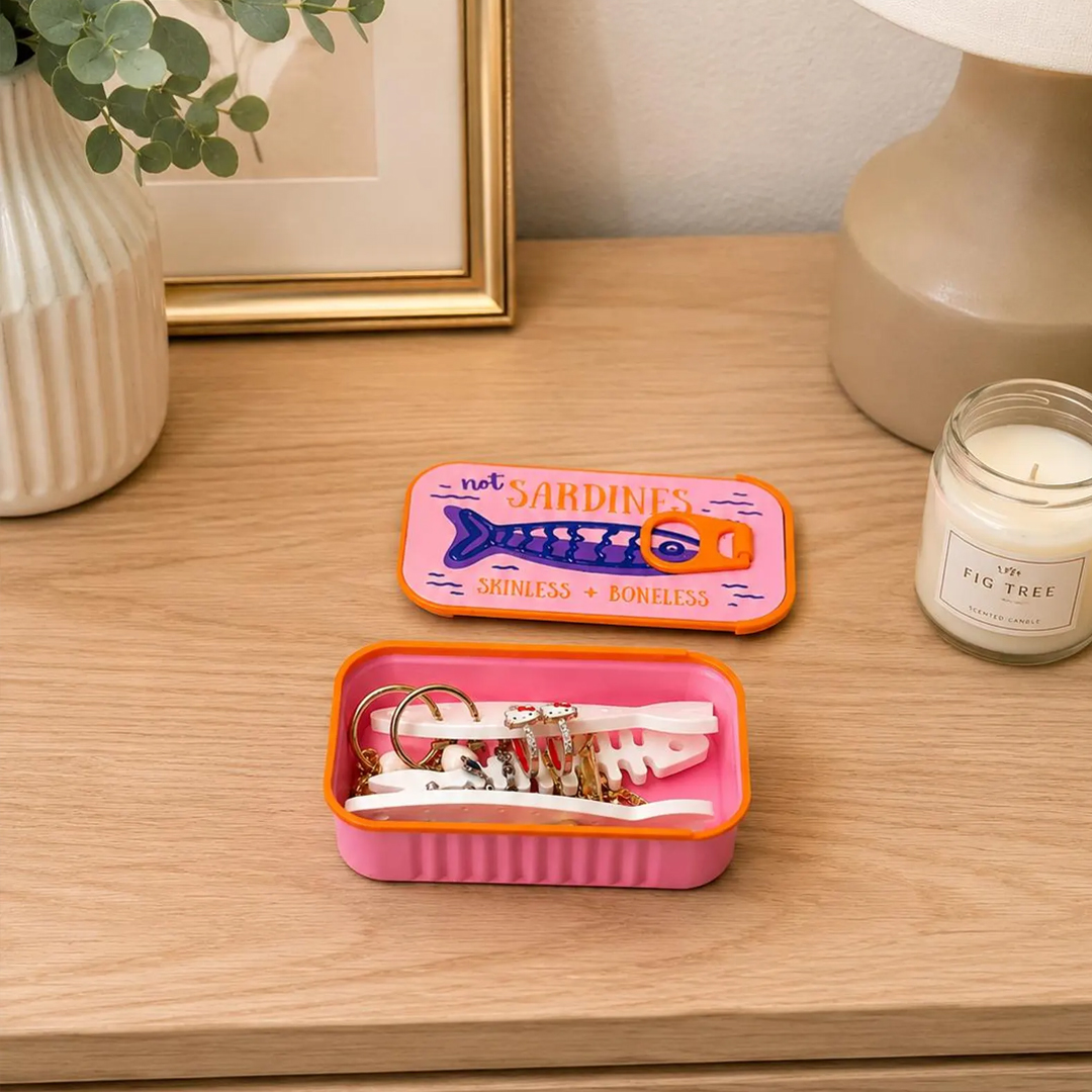 3D Printed Sardine "Tin like" Jewelry Case Fishbone Earring Holder Portable Organizer
