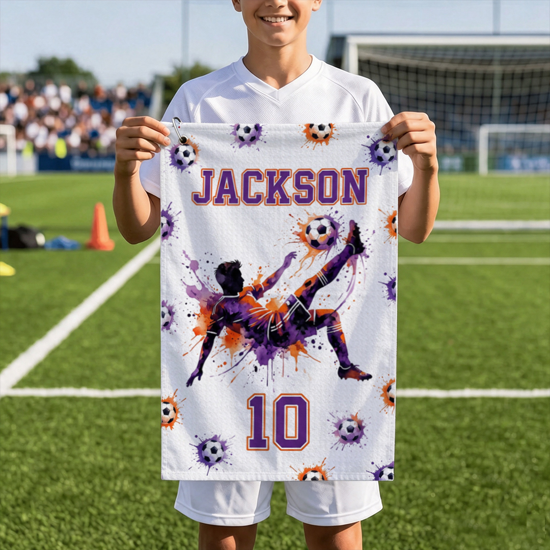 Personalized Sports Towels Watercolor Soccer Silhouette Designs Custom Name and Number Hanging Clip Birthday Team Gift for Soccer Lover