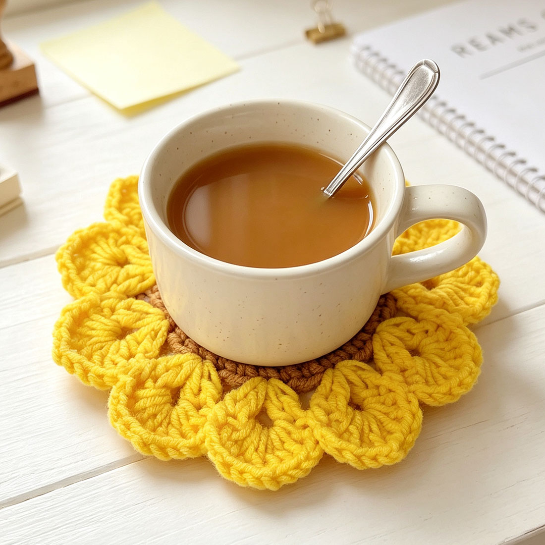 Sunflower Crochet Coasters Handmade Floral Desk Accessories Teacher Gift for Women