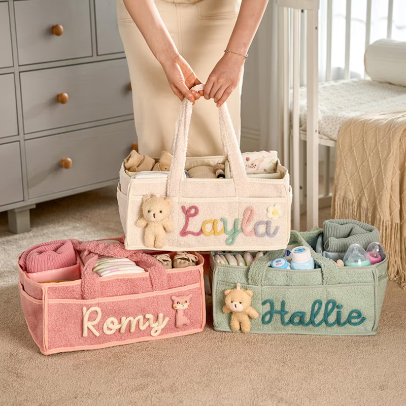 Personalized Plush Baby Storage Basket Soft Bin Side Pockets Custom Nursery Organizer with Charm
