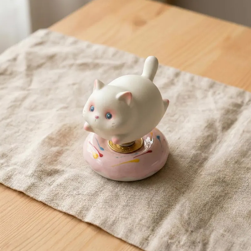 Cute Cat Spinning Desk Decor Resin Fidget Toy Kawaii Rotating Figurine with Donut Base Stress Relief Gift Cute Desktop Decoration Gift for Kids
