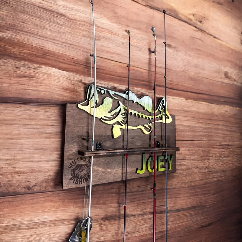 Personalized Reel Cool Dad Wood Fishing Rod Holder Custom Name 6-Rod Wall Rack for Dad Grandpa Fishing Lovers