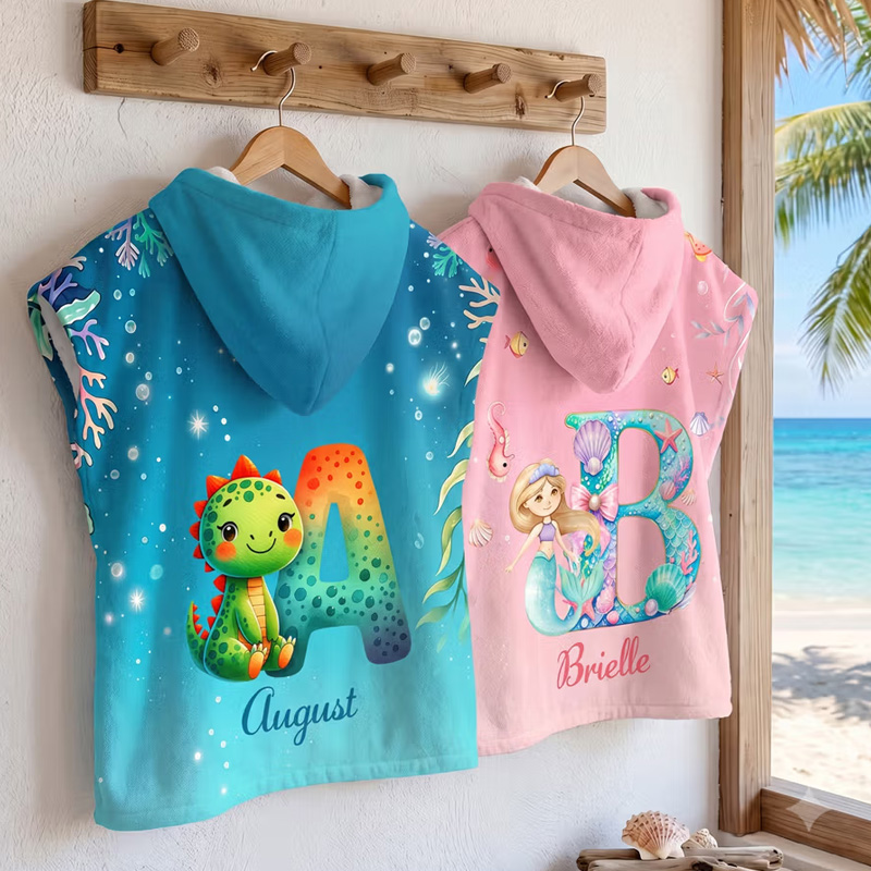 Personalized Dinosaur Mermaid Soft Kids Hooded Beach Towel with Name and Initial Beach Party Summer Vacation Birthday Gift for Boys Girls
